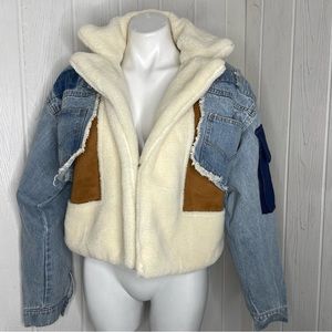 NWT BIDA Denim Patchwork Jacket Large Vegan Sherpa Coat Faux Suede Cropped NEW